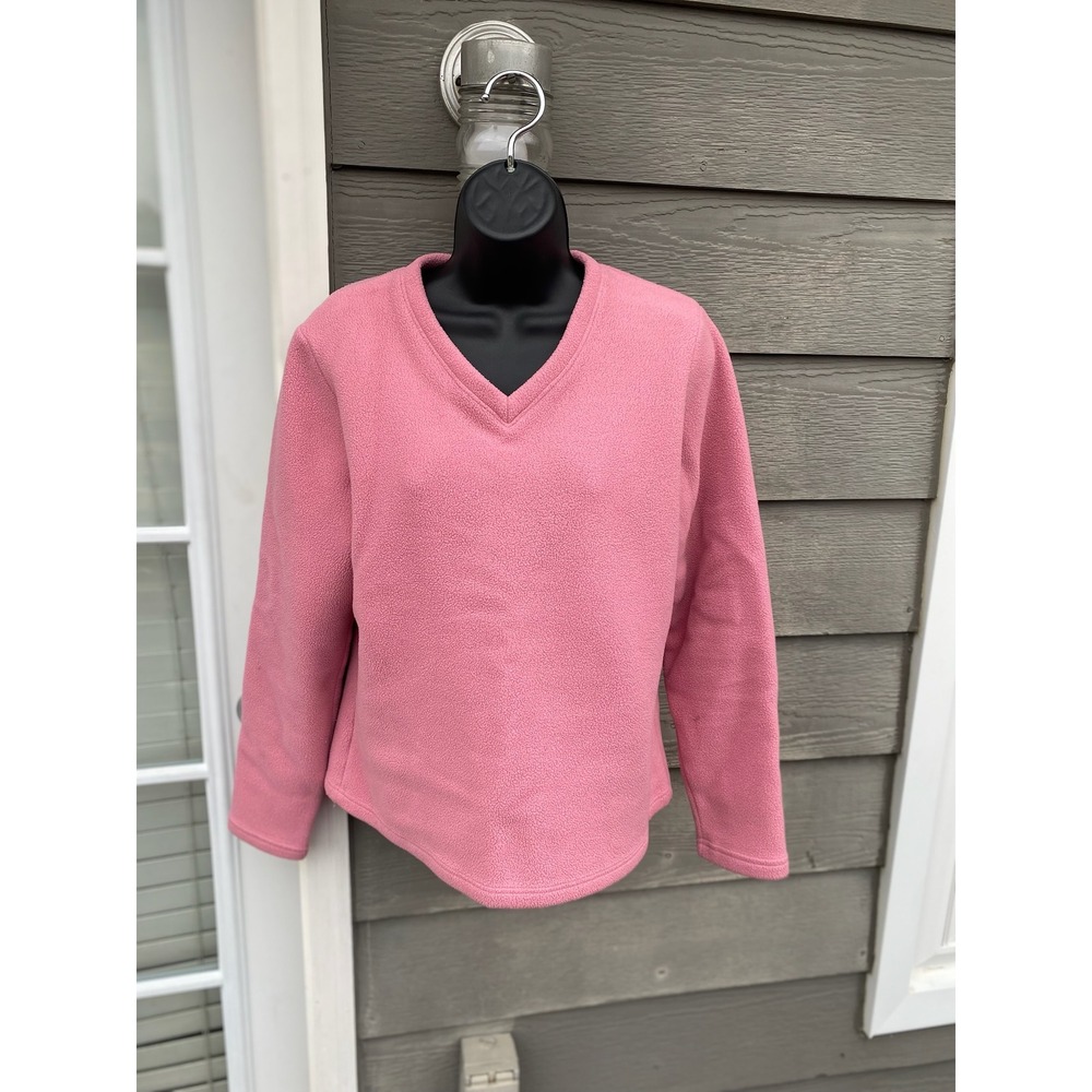 L.L.Bean Pink Fleece V Neck Long Sleeve Pullover Sweater Women's Size M - Picture 1 of 8